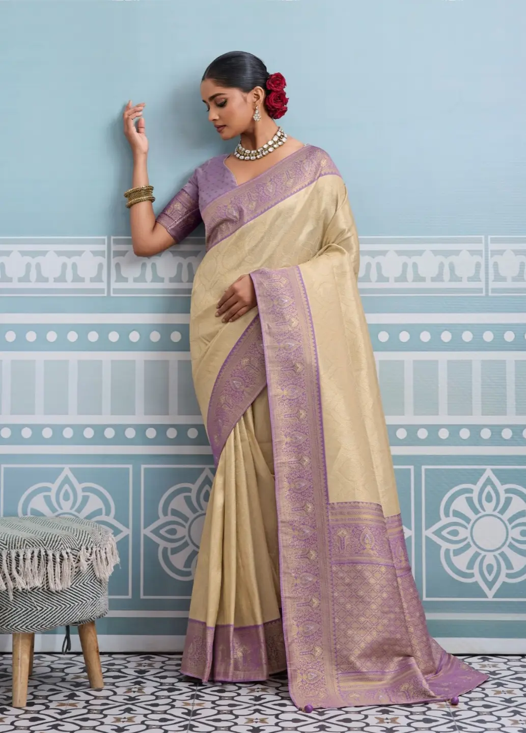 Roykals Cream Kanjivaram Soft Silk Saree with Lavender Blouse - Image 4
