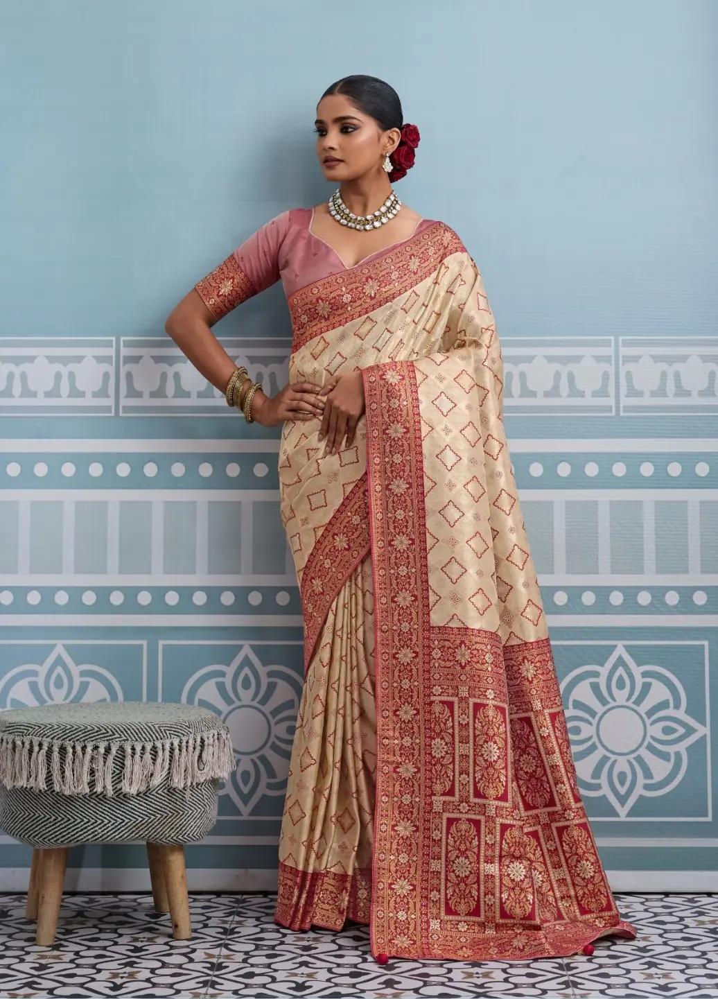 Roykals Cream Kanjivaram Soft Silk Saree with Light Pink Blouse Roykals Cream Kanjivaram Soft Silk Saree with Light Pink Blouse-Design No.-RT13521 - 213193