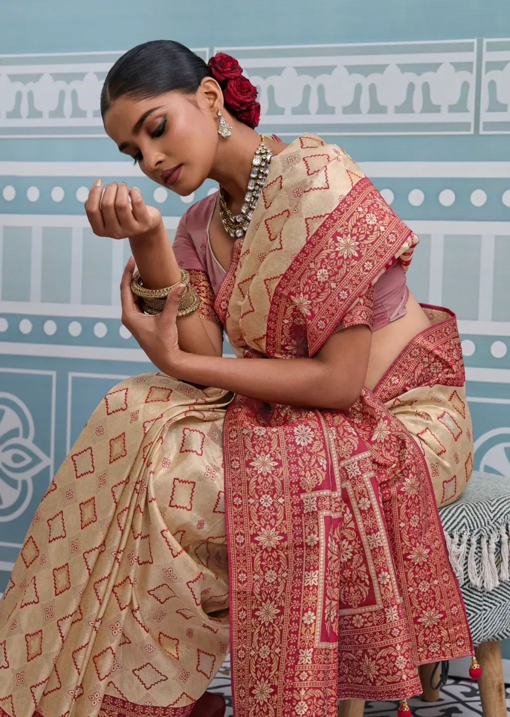 Roykals Cream Kanjivaram Soft Silk Saree with Light Pink Blouse - Image 2