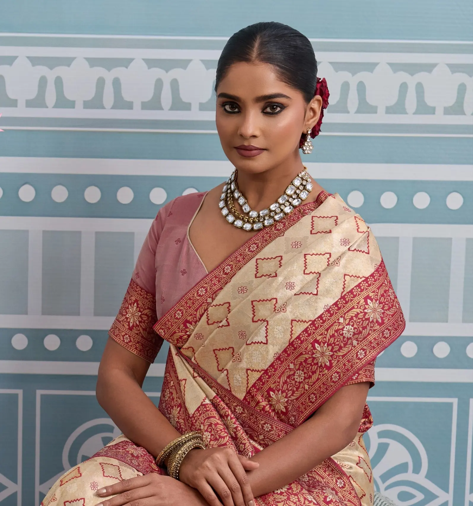 Roykals Cream Kanjivaram Soft Silk Saree with Light Pink Blouse - Image 3