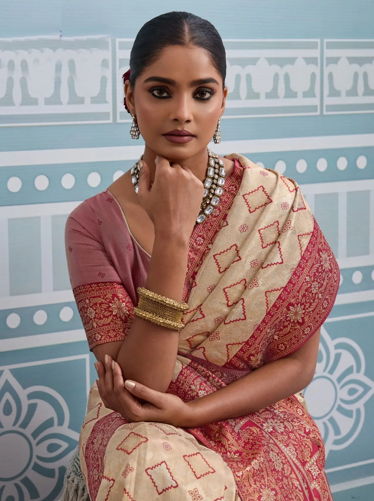 Roykals Cream Kanjivaram Soft Silk Saree with Light Pink Blouse - Image 4
