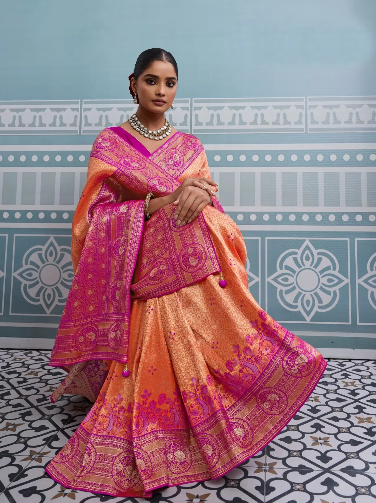 Roykals Dark Peach Kanjivaram Soft Silk Saree with Pink Blouse Roykals Dark Peach Kanjivaram Soft Silk Saree with Pink Blouse-Design No.-RT13521 - 213196