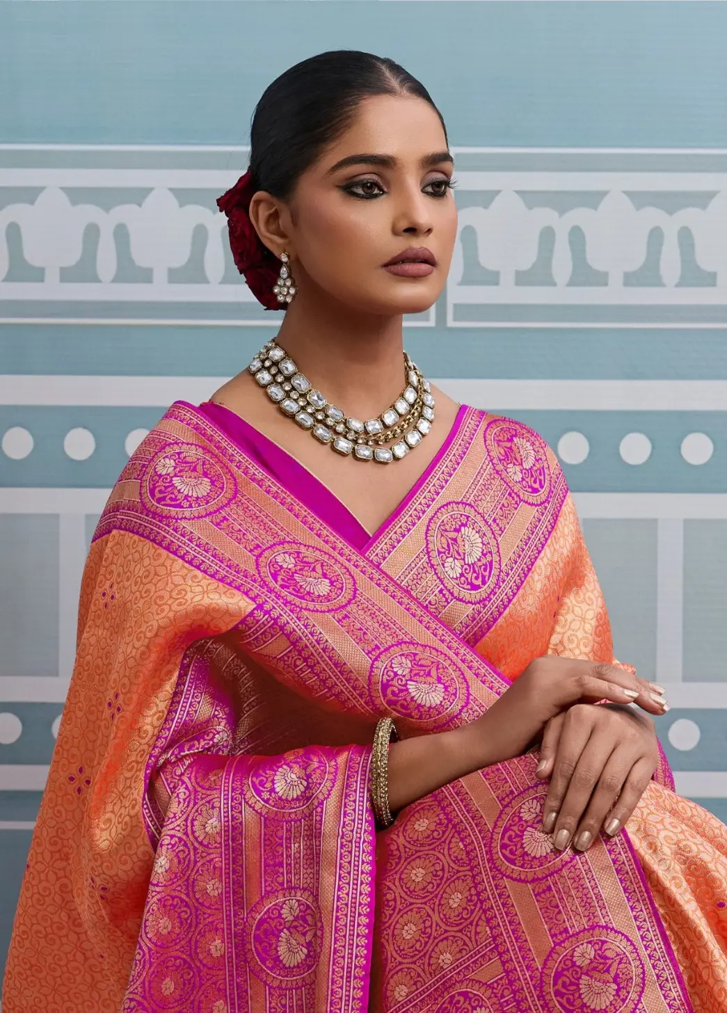 Roykals Dark Peach Kanjivaram Soft Silk Saree with Pink Blouse - Image 2