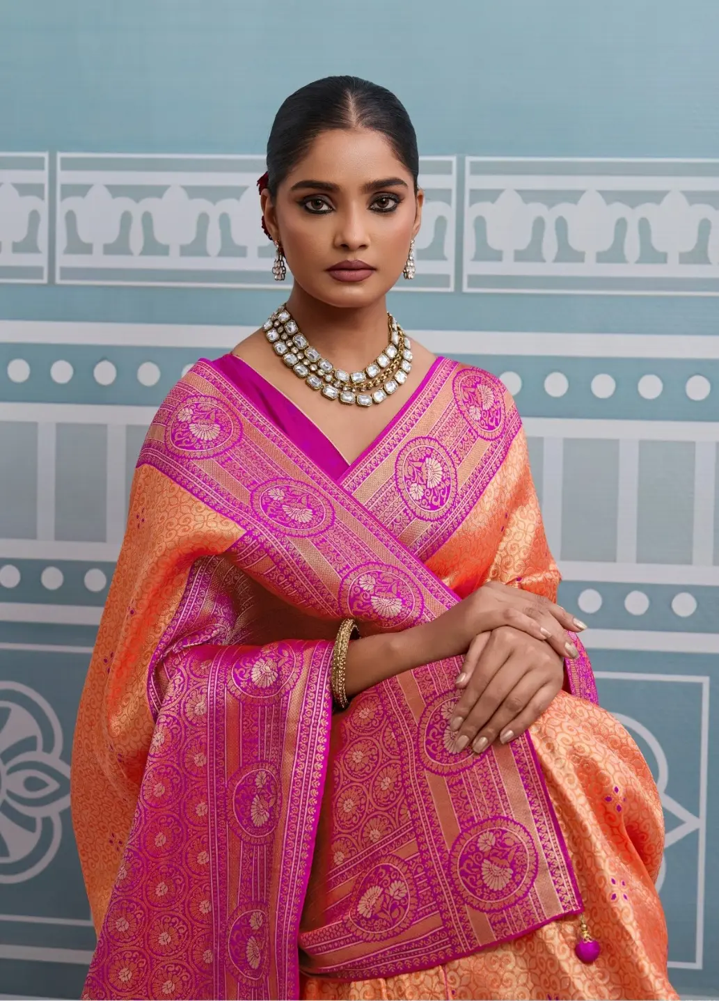 Roykals Dark Peach Kanjivaram Soft Silk Saree with Pink Blouse - Image 3