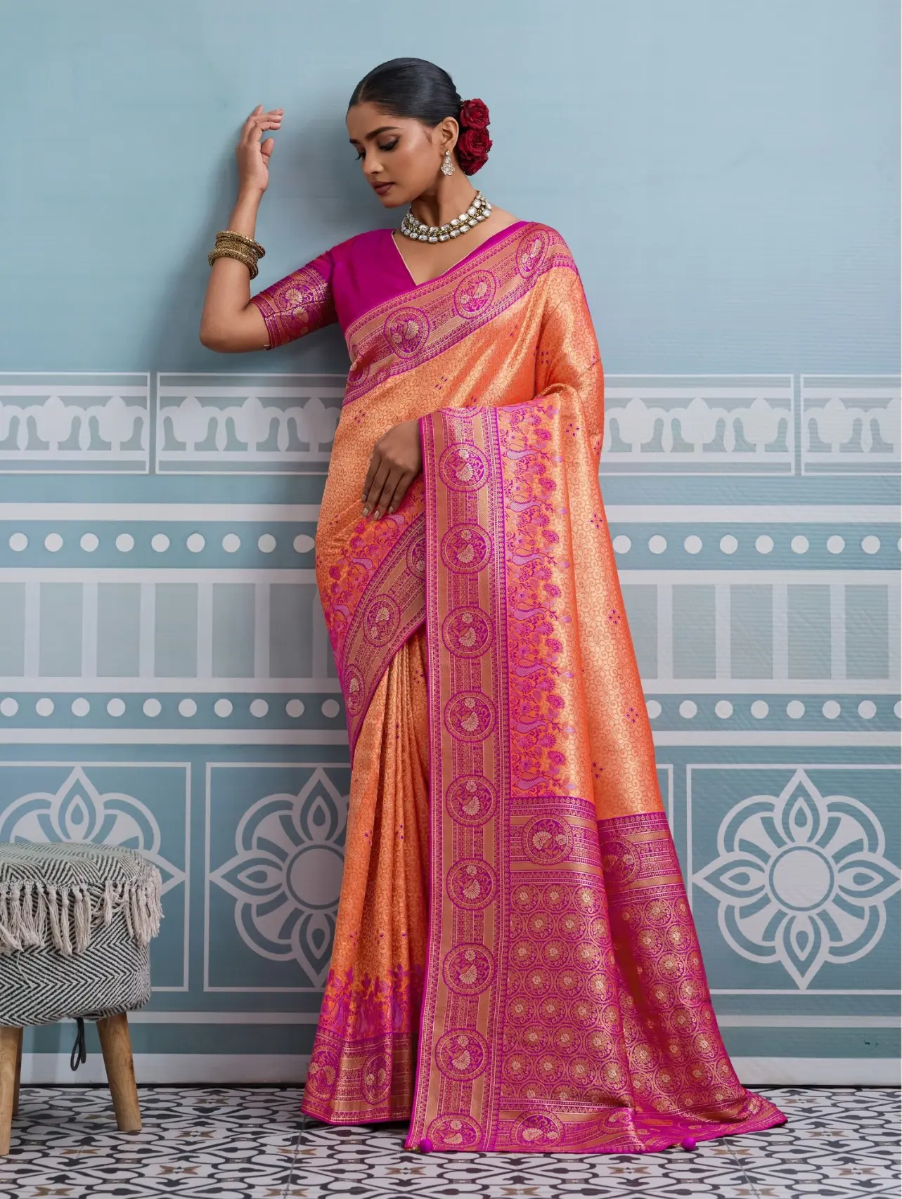 Roykals Dark Peach Kanjivaram Soft Silk Saree with Pink Blouse - Image 4