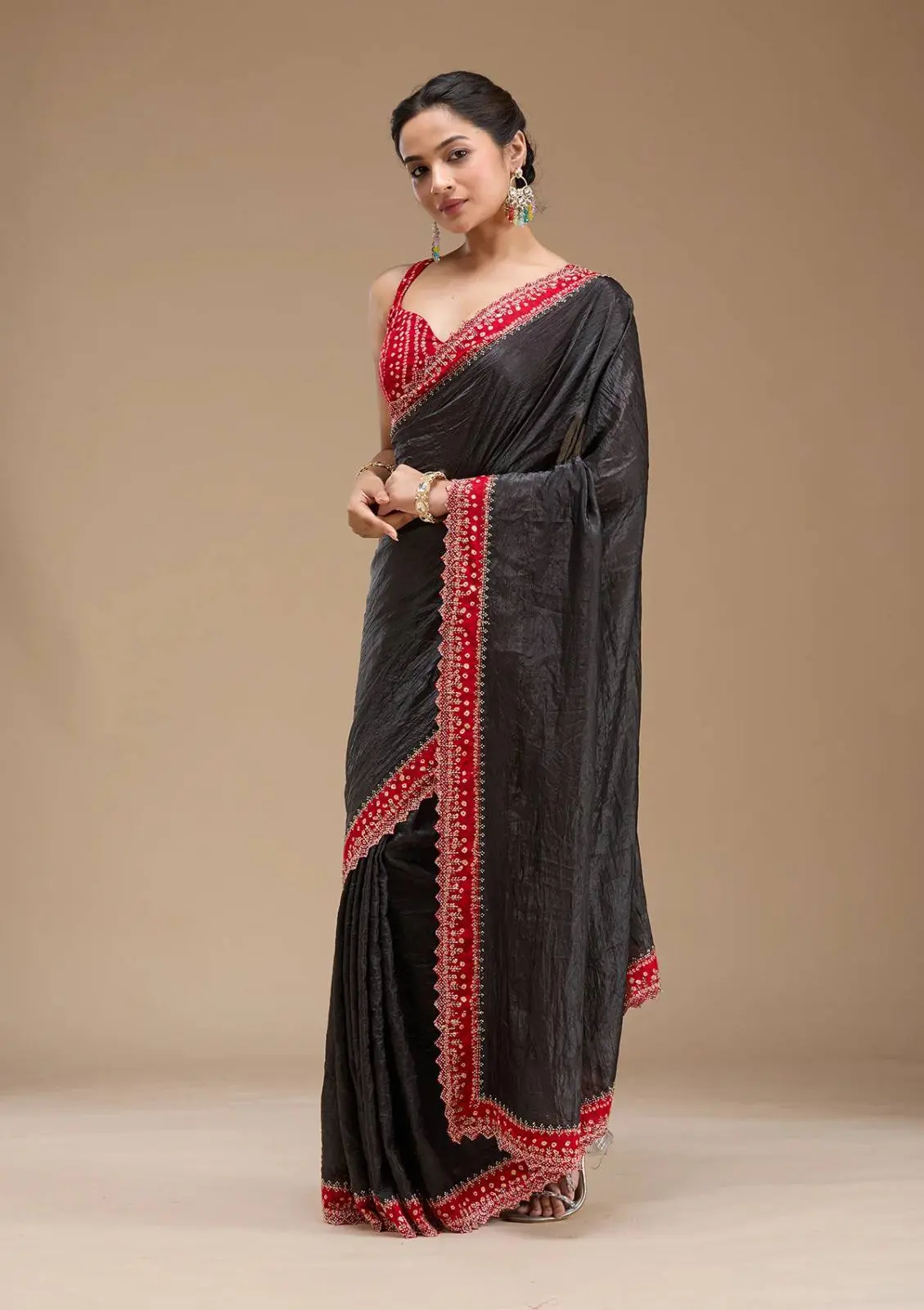 Roykals Designer Function Wear Saree - Black & Red Tissue Silk - Image 2
