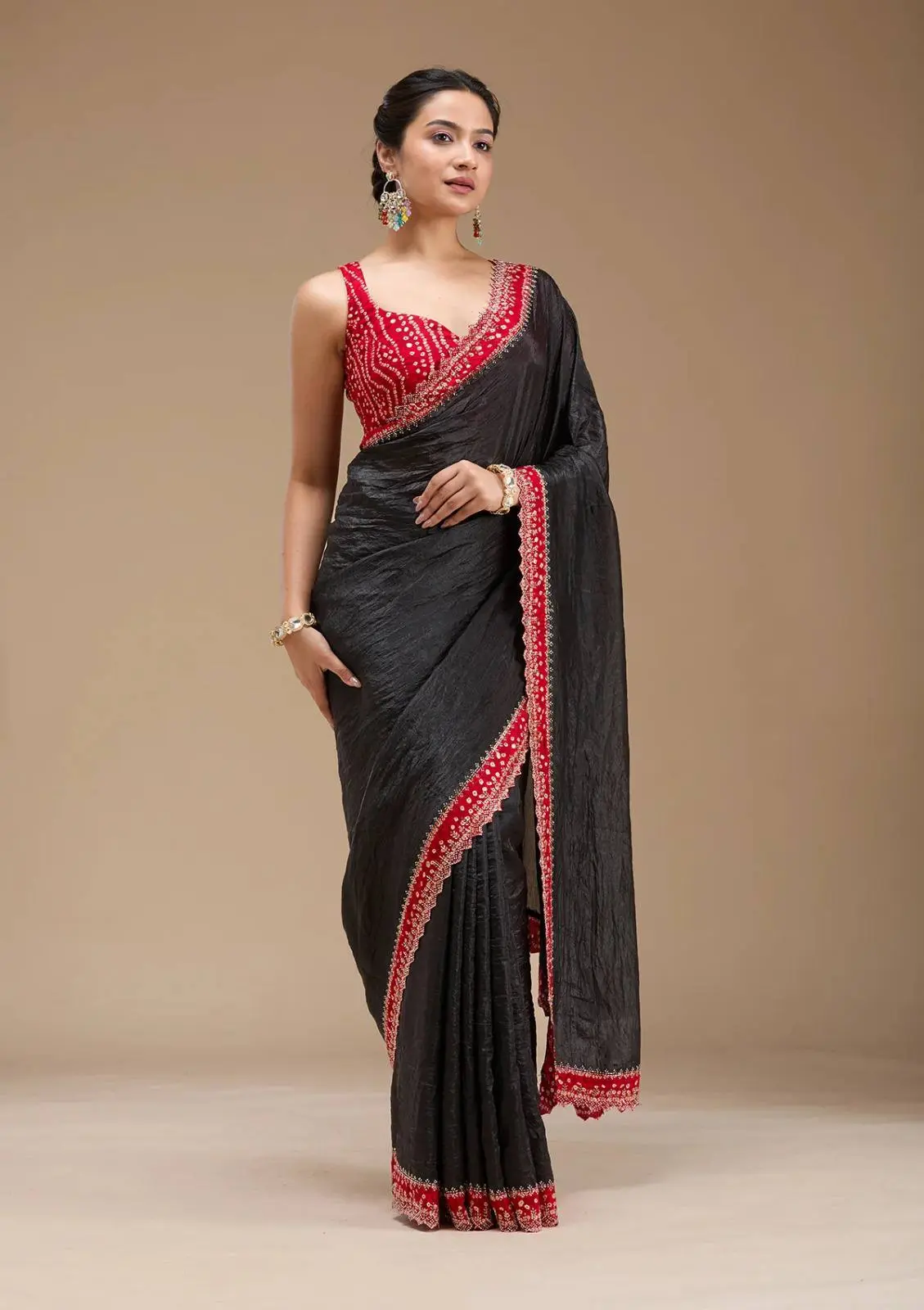 Roykals Designer Function Wear Saree - Black & Red Tissue Silk - Image 3