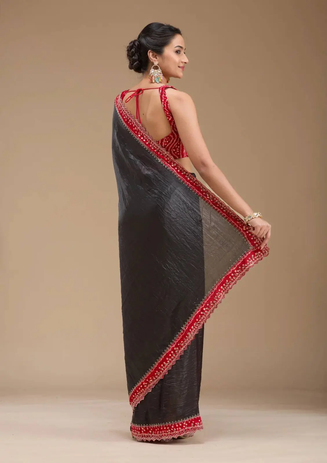 Roykals Designer Function Wear Saree - Black & Red Tissue Silk - Image 4