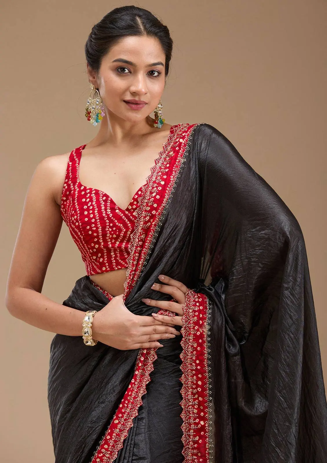 Roykals Designer Function Wear Saree - Black & Red Tissue Silk - Image 5