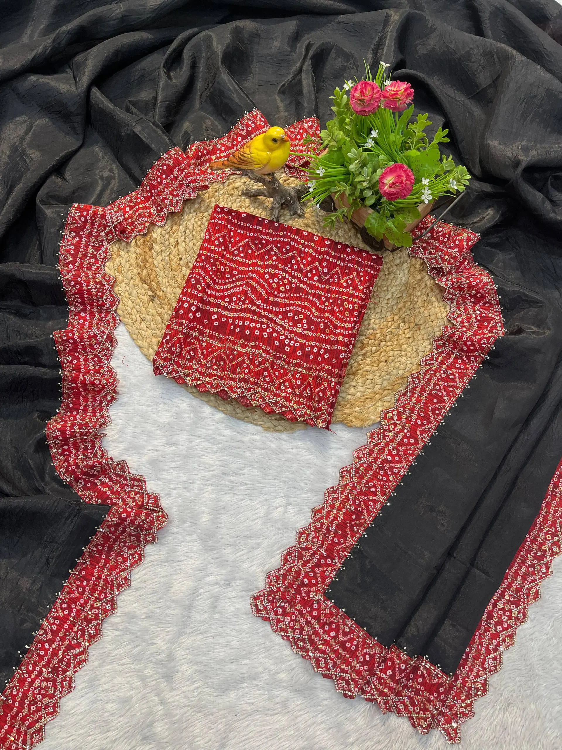 Roykals Designer Function Wear Saree - Black & Red Tissue Silk - Image 6