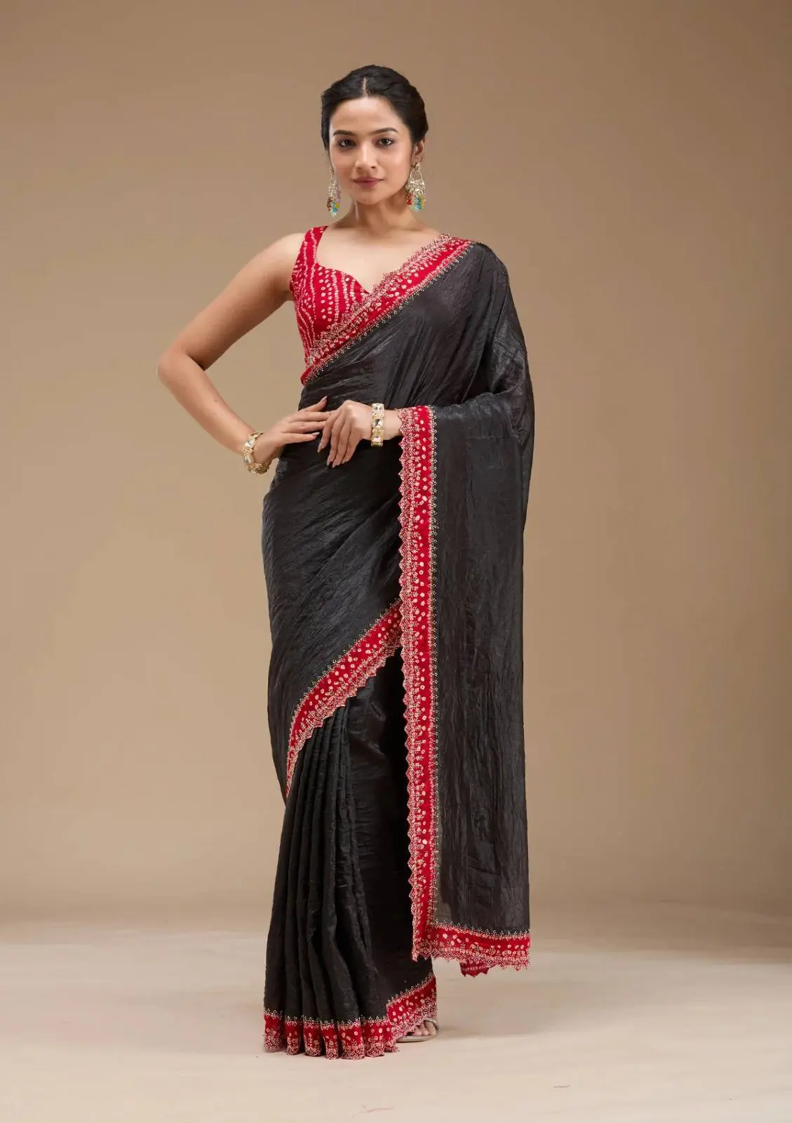 Roykals Designer Function Wear Saree - Black & Red Tissue Silk - Image 7