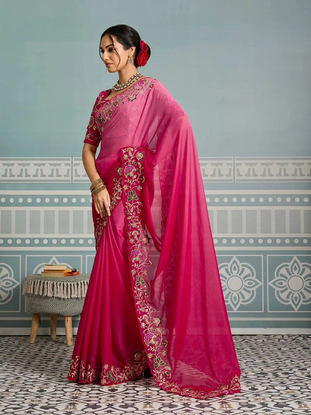 Roykals Designer Function Wear Saree Elegant Pink Georgette