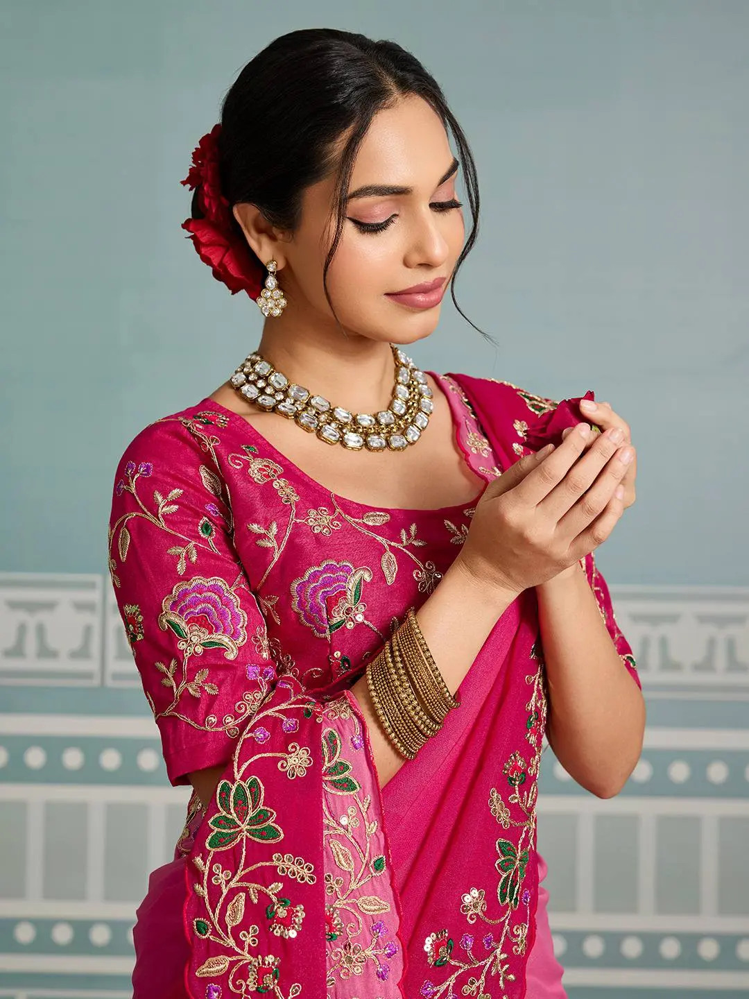 Roykals Designer Function Wear Saree - Elegant Pink Georgette - Image 2