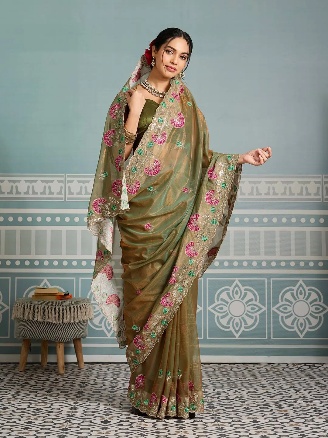 Roykals Designer Function Wear Saree Mehendi Green