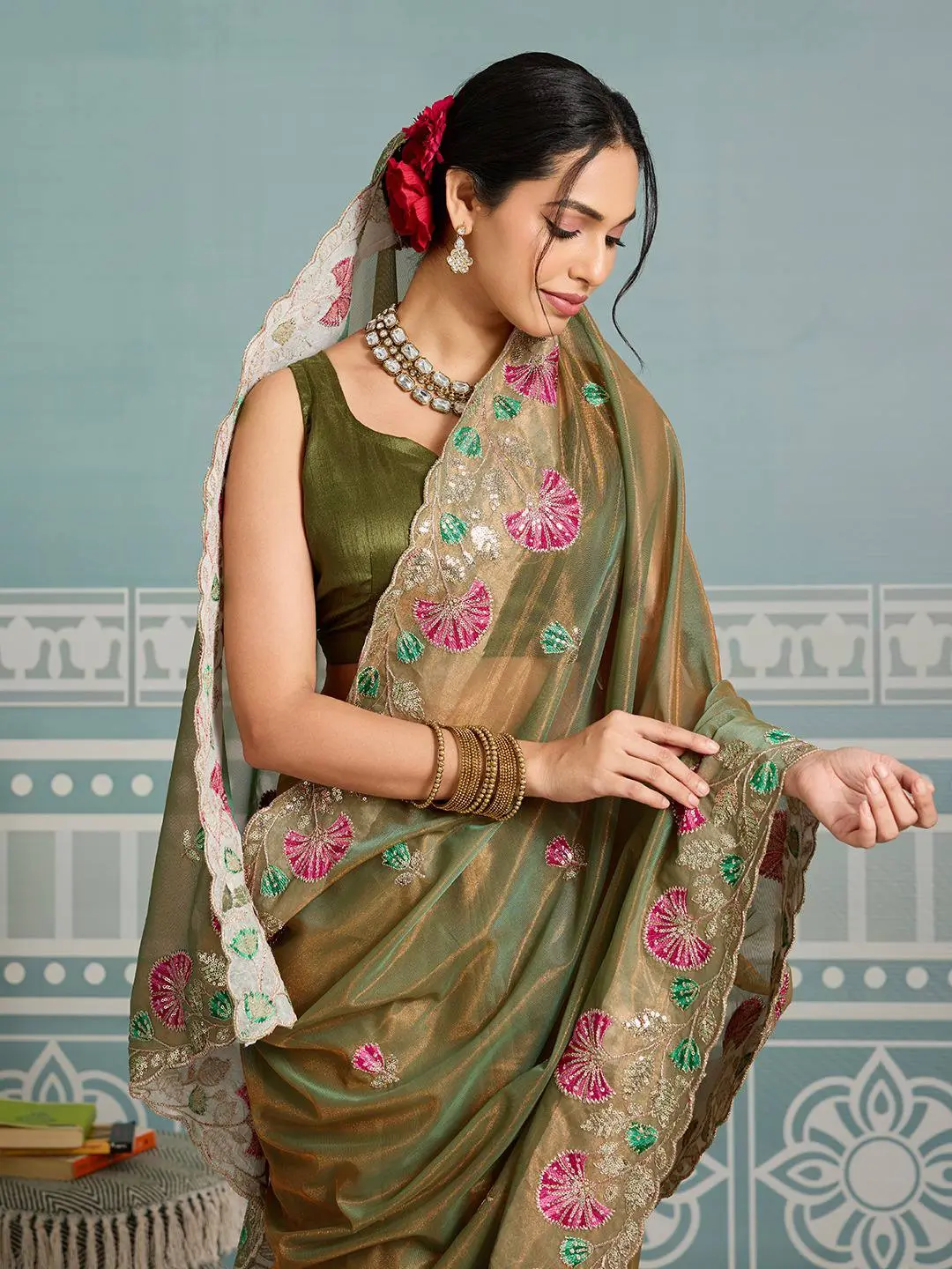 Roykals Designer Function Wear Saree - Mehendi Green - Image 2