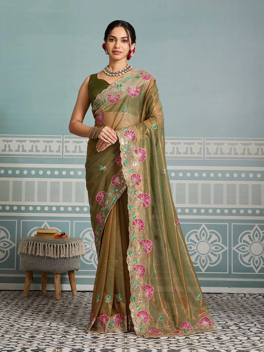 Roykals Designer Function Wear Saree - Mehendi Green - Image 3