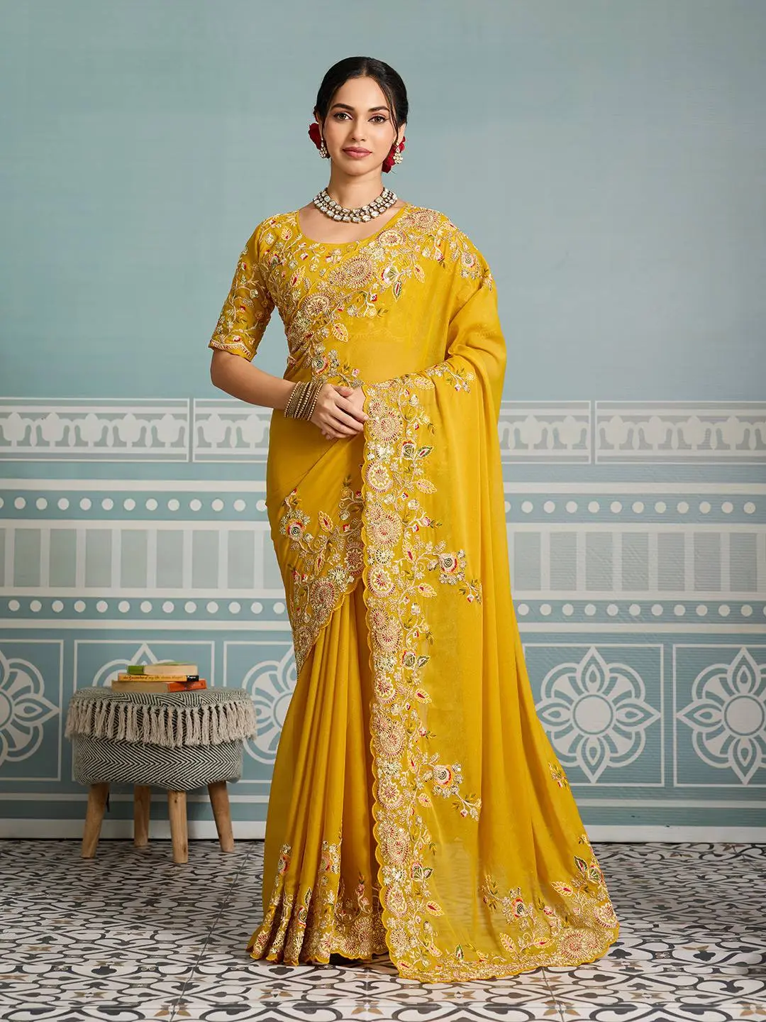 Roykals Designer Function Wear Saree - Sunshine Yellow - Image 4