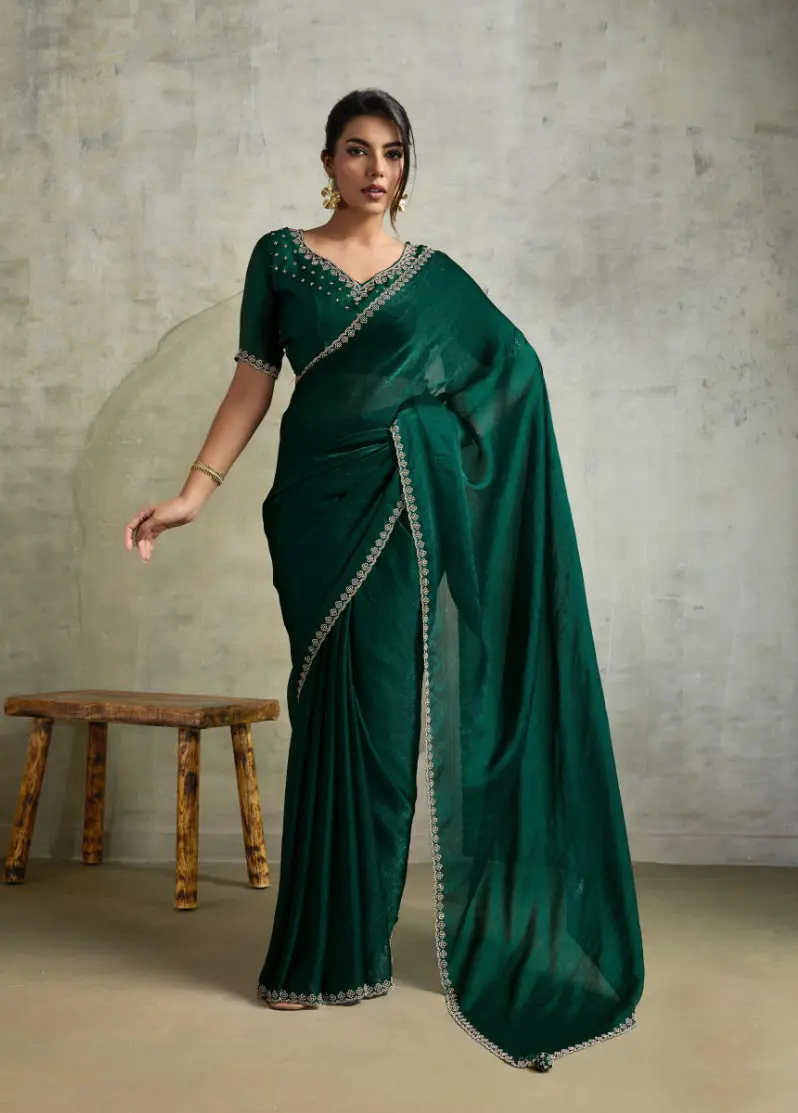 Roykals Green Fendy Chiffon Blooming Designer Saree with Latkan - Image 3