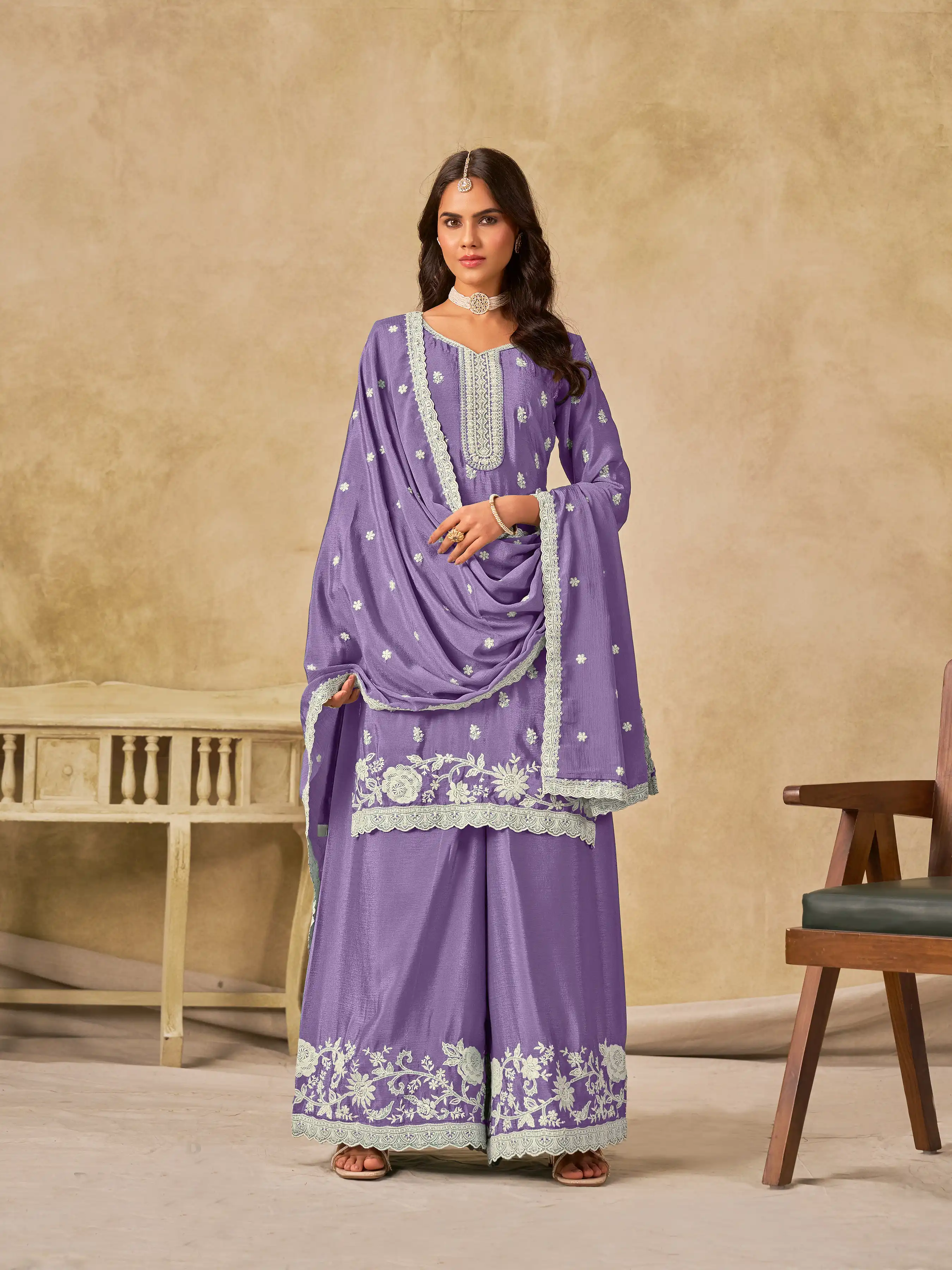 Roykals Lavender Heavy Chinon Salwar Suit with Embroidered Work - Image 3