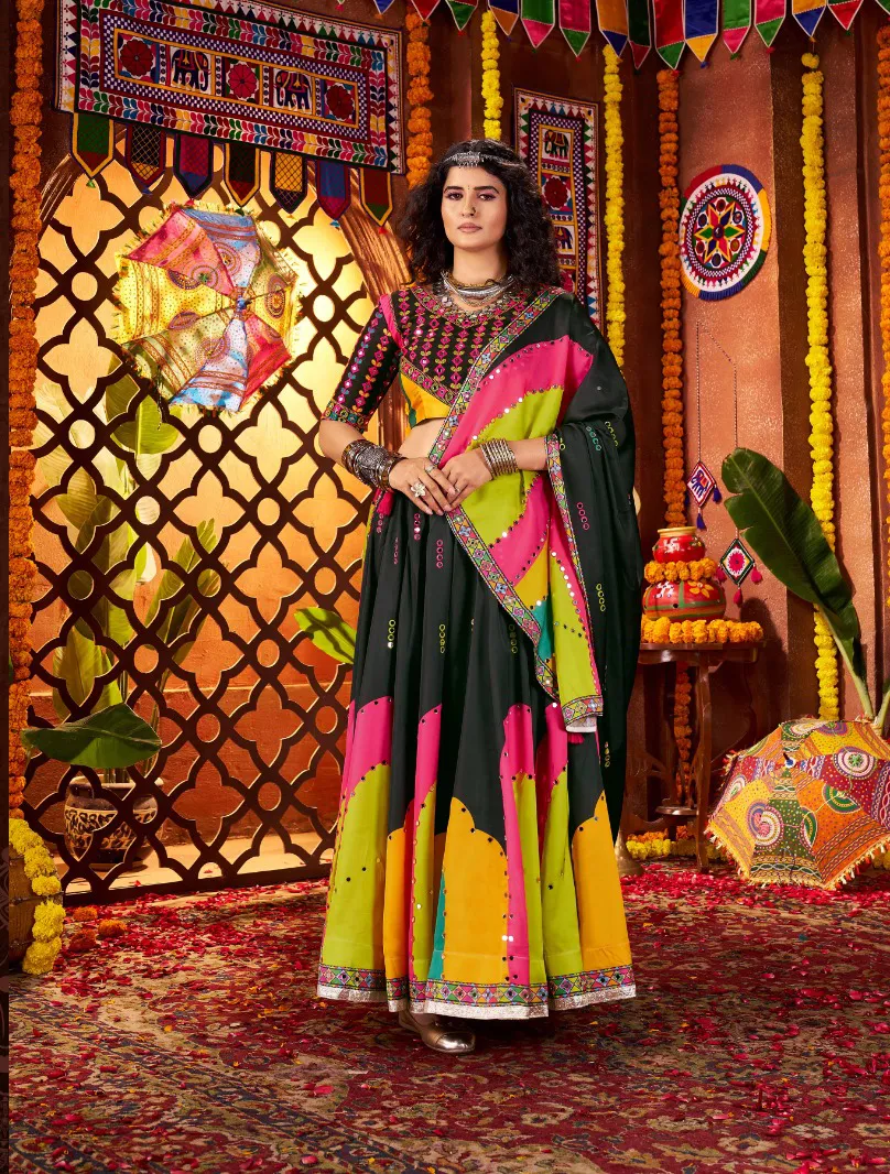 Roykals Multi Color Lehenga Choli Gaji Silk Mirror Work Navratri Set