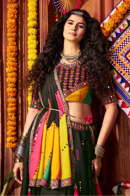 Roykals Multi Color Lehenga Choli - Gaji Silk Mirror Work Navratri Set - Image 3