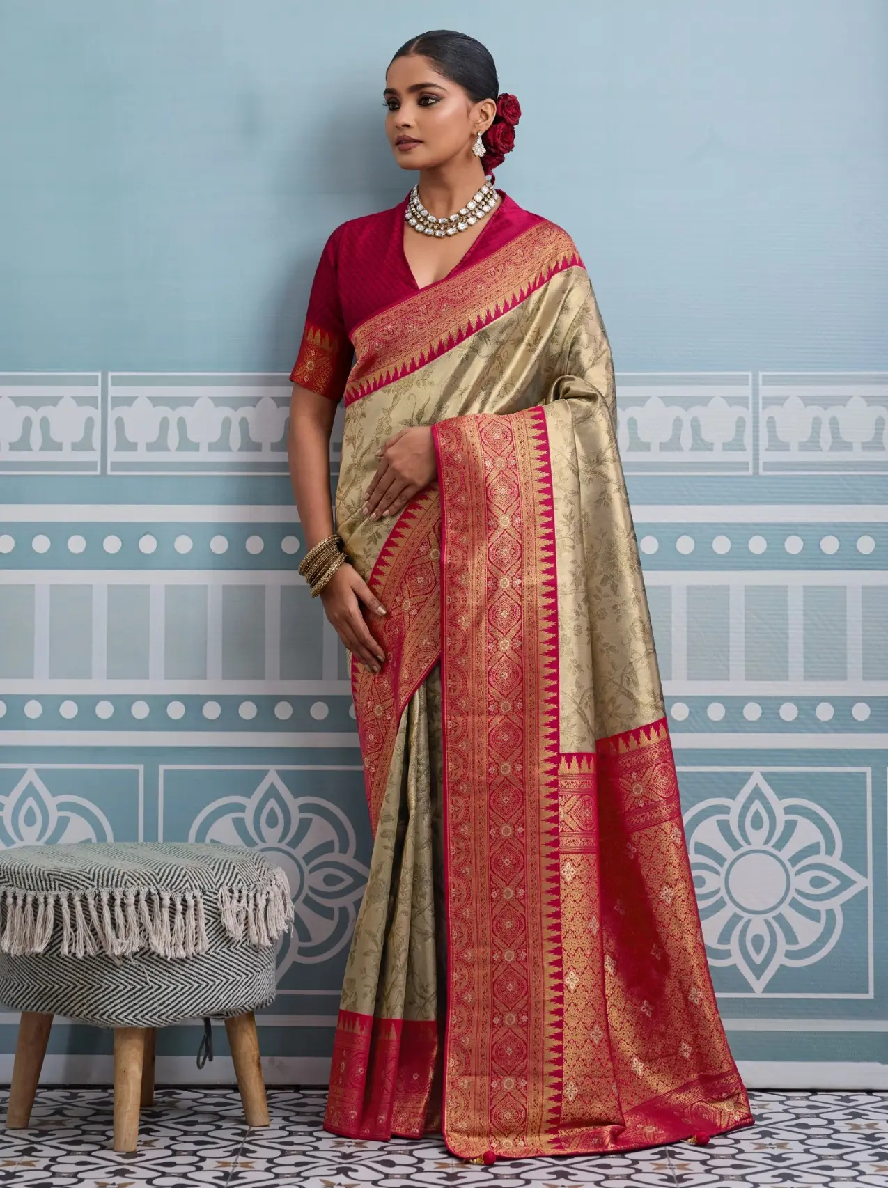 Roykals Multi-Colored Kanjivaram Soft Silk Saree with Maroon Blouse - Image 3