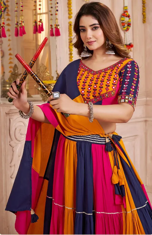 Roykals Multi Lehenga Choli Set - Navratri Special Viscose Cotton Stitched - Image 4