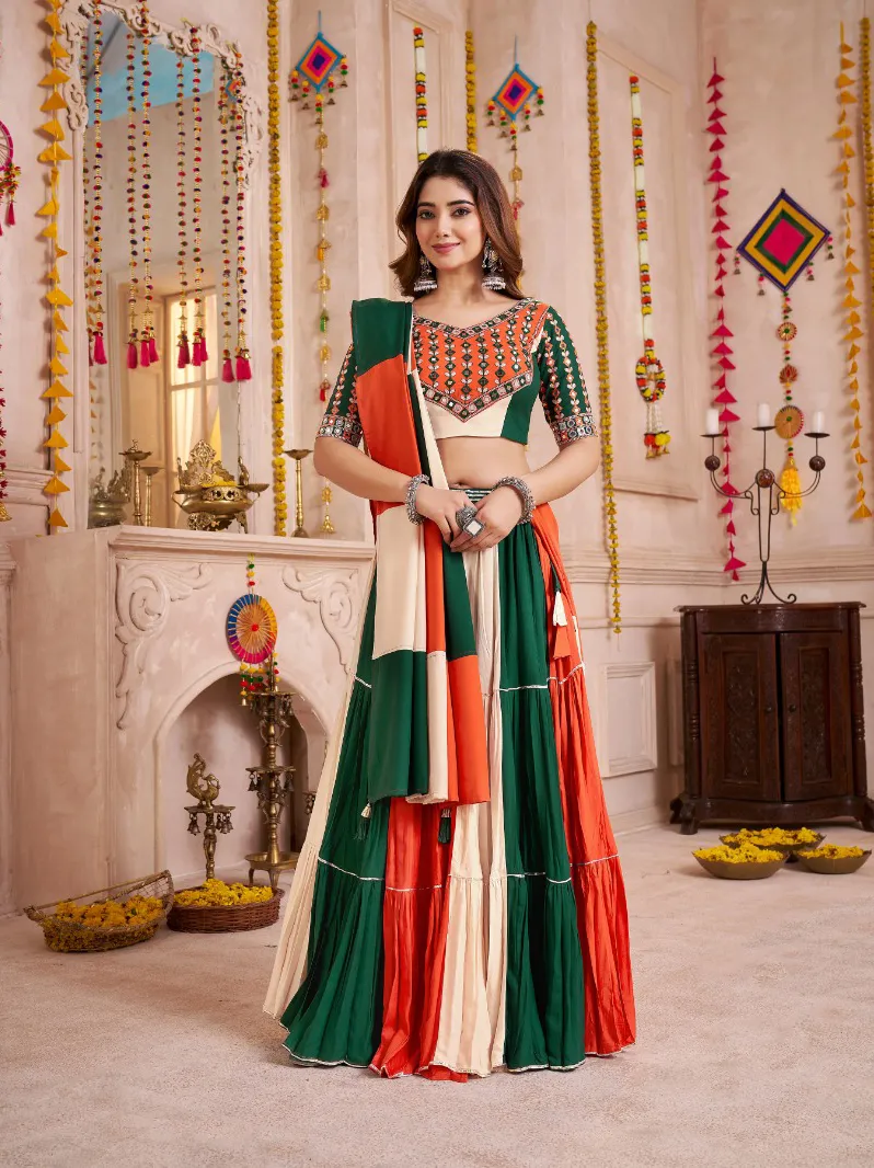 Roykals Multi Lehenga Choli Set Navratri Stitched Viscose Cotton