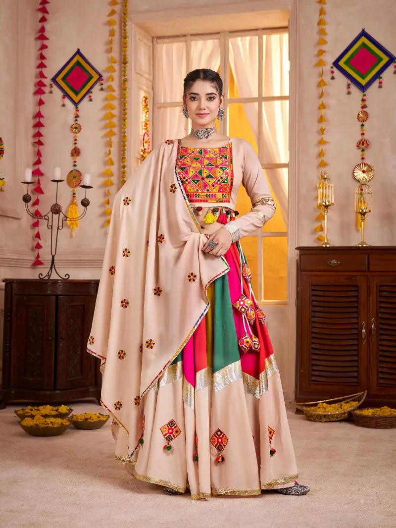 Roykals Multi Lehenga With Beige Blouse Mirror Work Lampi Border Chaniya Choli