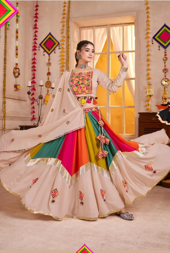 Roykals Multi Lehenga with Beige Blouse - Mirror Work Lampi Border Chaniya Choli - Image 2