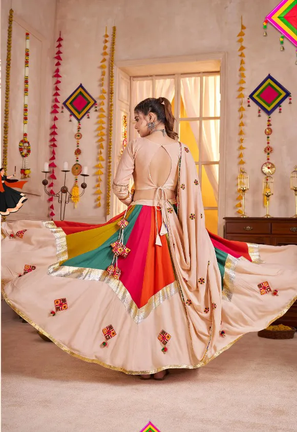 Roykals Multi Lehenga with Beige Blouse - Mirror Work Lampi Border Chaniya Choli - Image 3