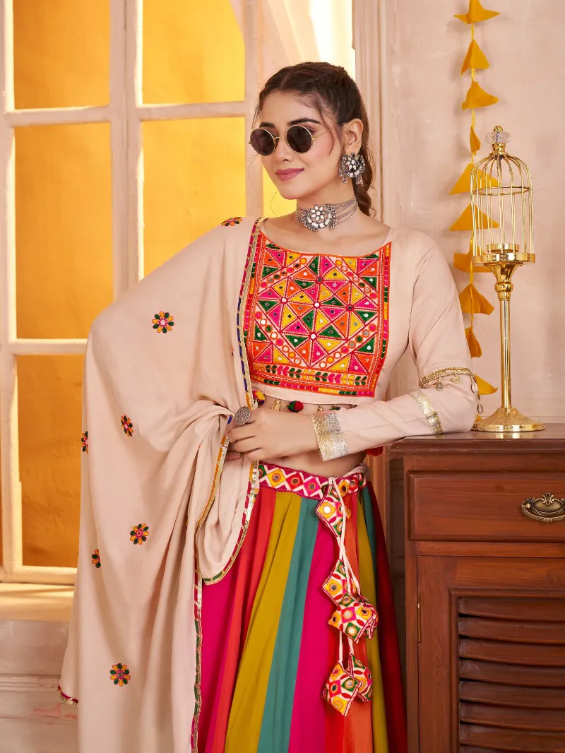 Roykals Multi Lehenga with Beige Blouse - Mirror Work Lampi Border Chaniya Choli - Image 4