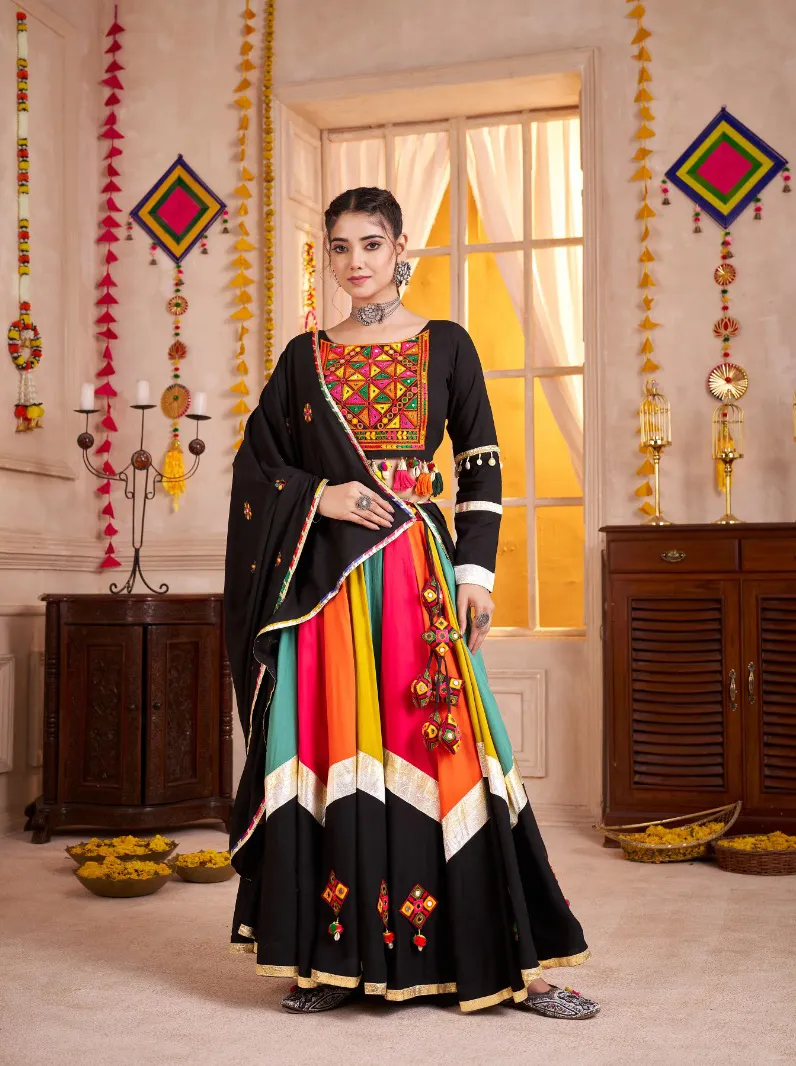 Roykals Multi Lehenga With Black Blouse Mirror & Lampi Work Navratri Set