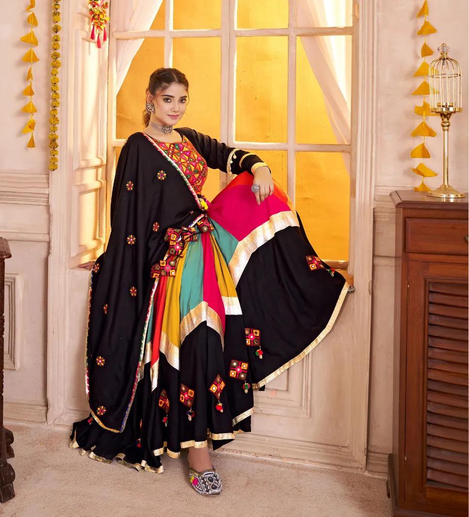 Roykals Multi Lehenga with Black Blouse - Mirror & Lampi Work Navratri Set - Image 3
