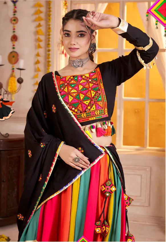 Roykals Multi Lehenga with Black Blouse - Mirror & Lampi Work Navratri Set - Image 5