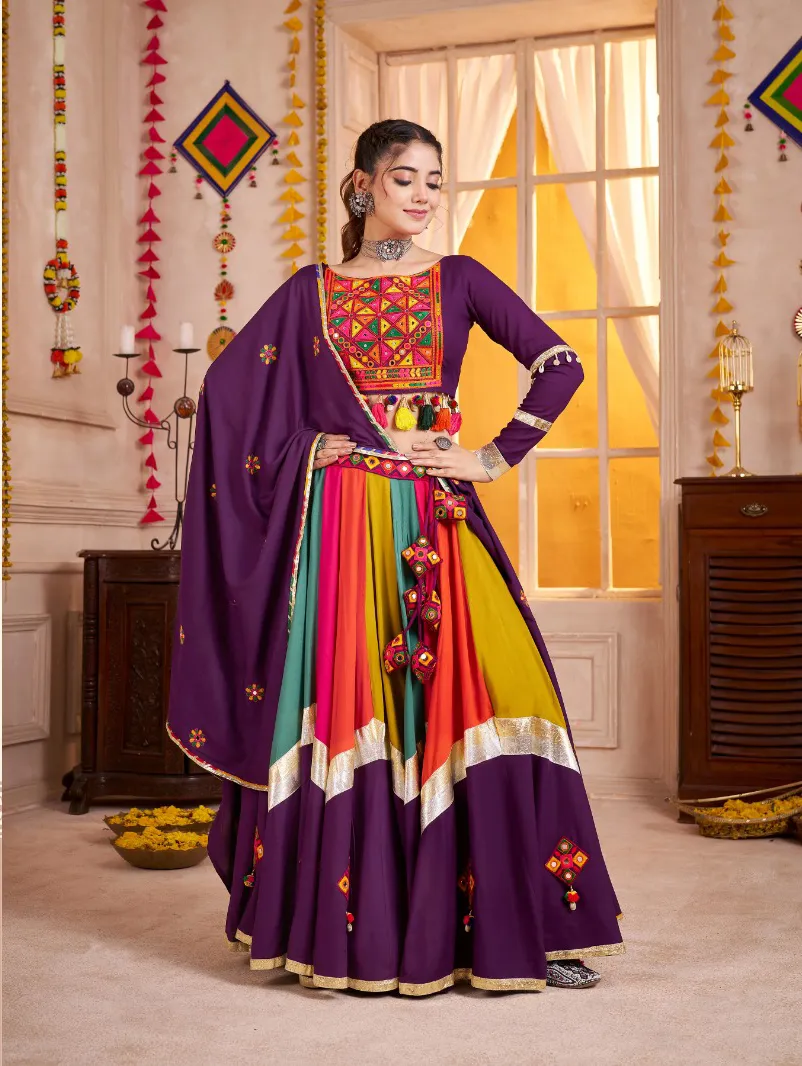 Roykals Multi Lehenga With Purple Blouse Thread & Mirror Work Navratri Wear