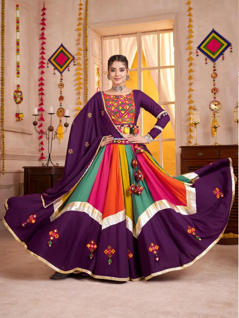 Roykals Multi Lehenga with Purple Blouse - Thread & Mirror Work Navratri Wear - Image 2