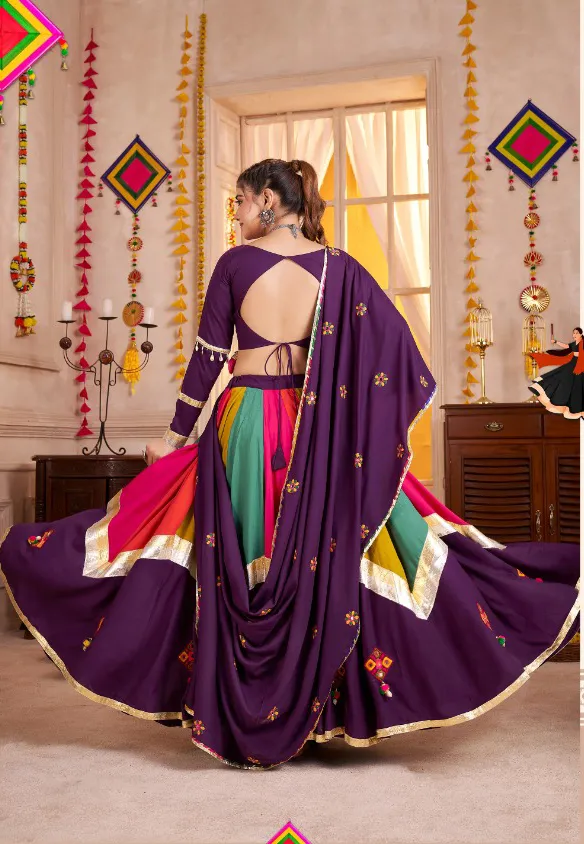 Roykals Multi Lehenga with Purple Blouse - Thread & Mirror Work Navratri Wear - Image 3