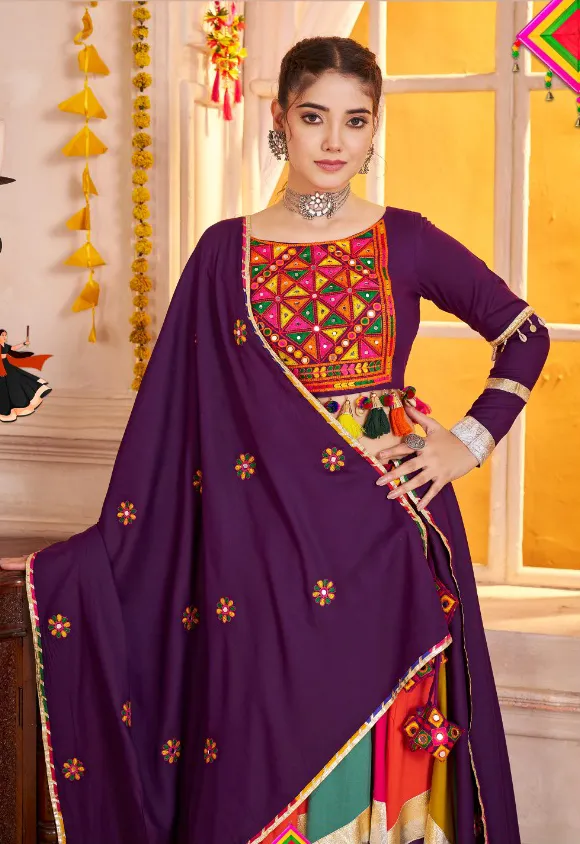 Roykals Multi Lehenga with Purple Blouse - Thread & Mirror Work Navratri Wear - Image 4