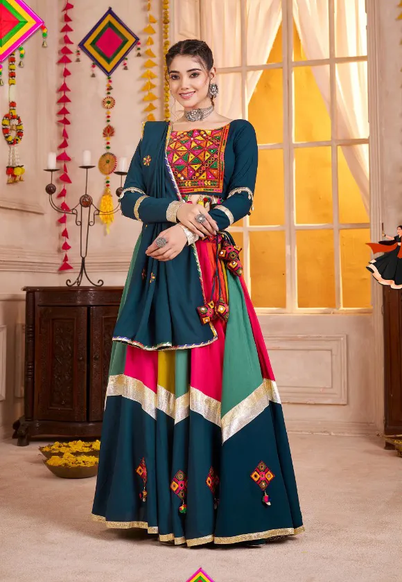 Roykals Multi Lehenga With Teal Blouse Thread & Mirror Work Festive Set