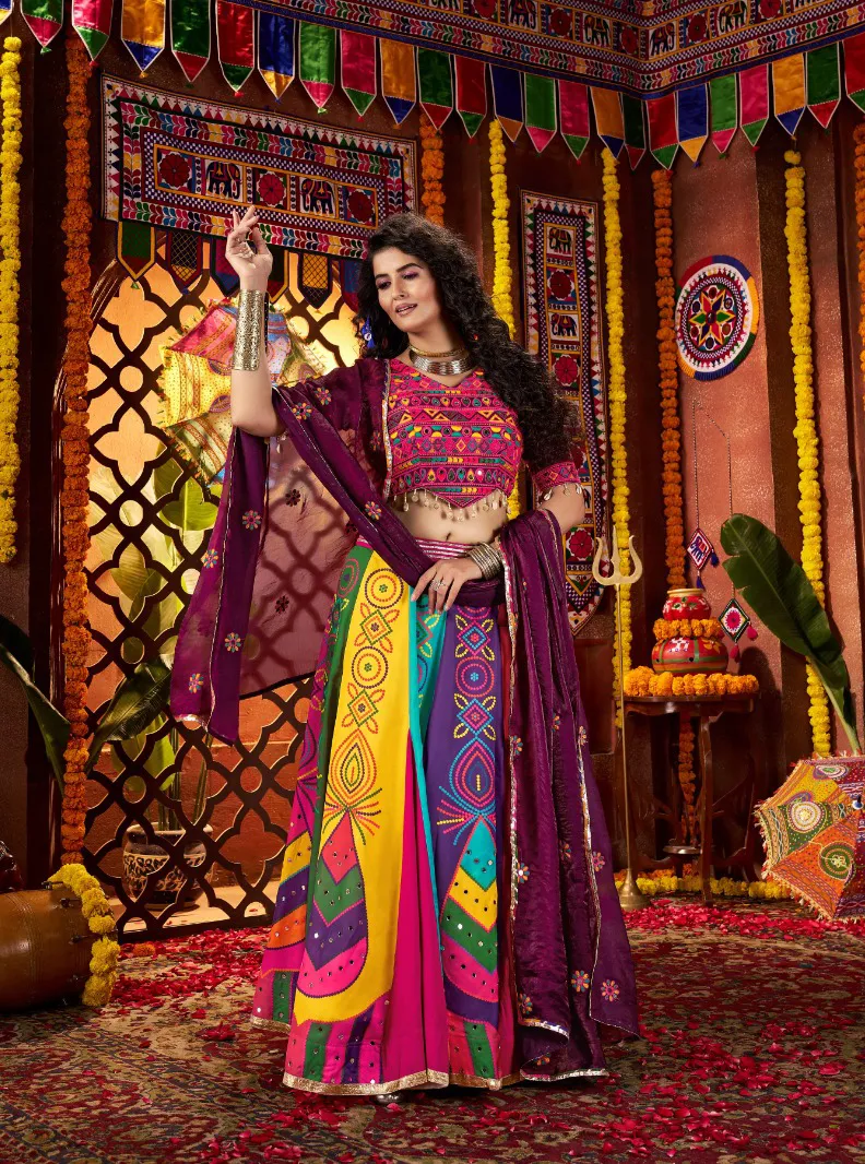 Roykals Multi Lehenga With Wine Blouse & Dupatta Mirror Work Navratri Set