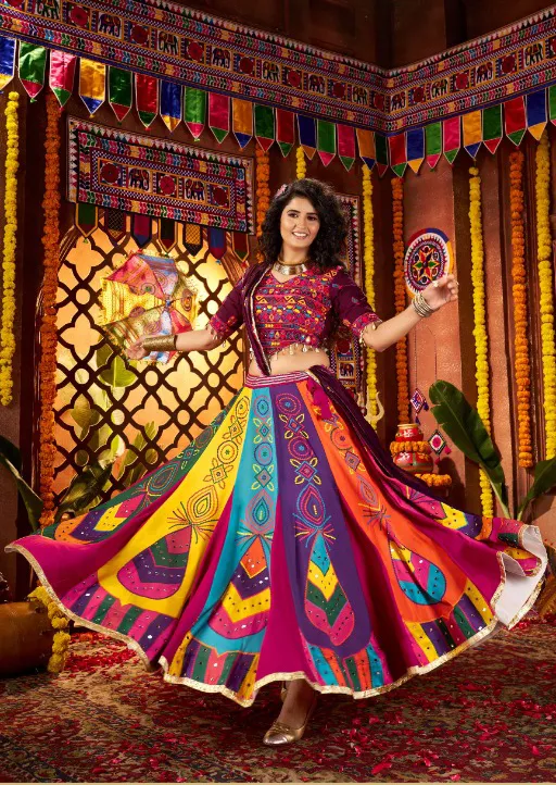 Roykals Multi Lehenga with Wine Blouse & Dupatta - Mirror Work Navratri Set - Image 2