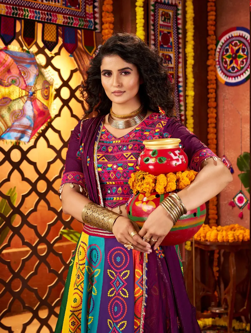 Roykals Multi Lehenga with Wine Blouse & Dupatta - Mirror Work Navratri Set - Image 3
