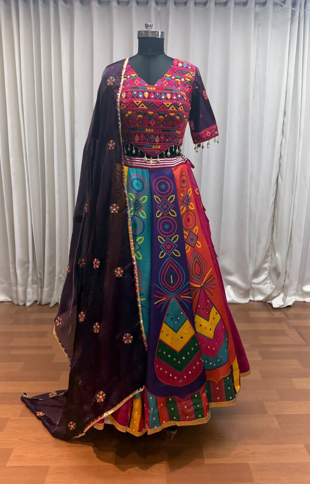 Roykals Multi Lehenga with Wine Blouse & Dupatta - Mirror Work Navratri Set - Image 5