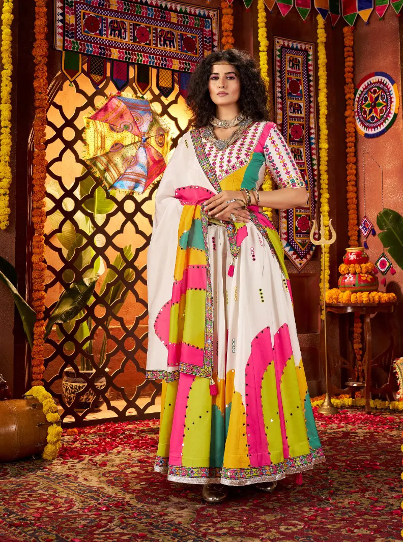 Roykals Multicolor Lehenga Choli Gaji Silk Mirror Work Navratri Collection