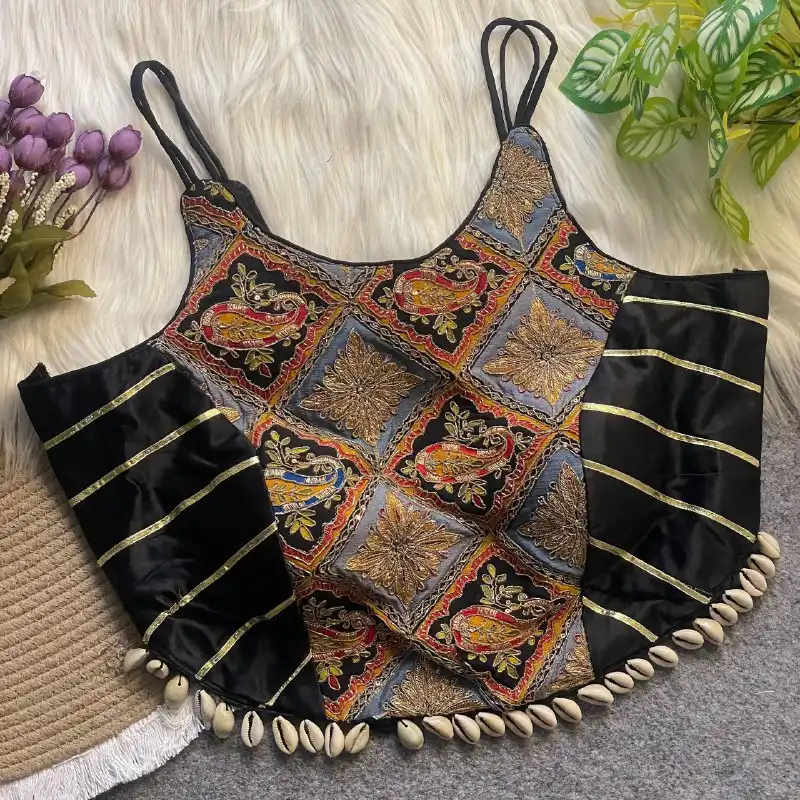 Roykals Navratri Designer Readymade Blouse Black Crepe & Pure Gajji Silk