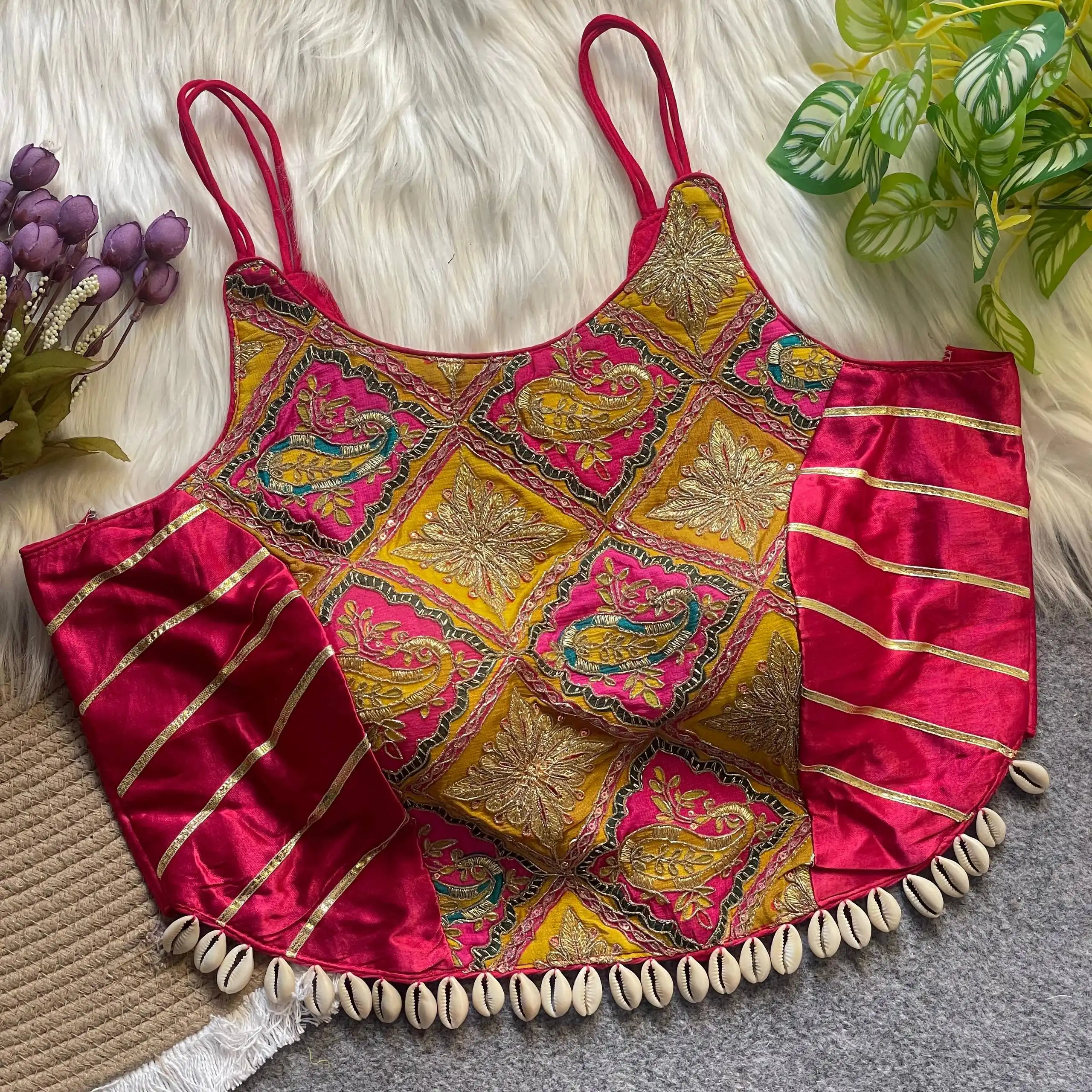 Roykals Navratri Designer Readymade Blouse Pink Crepe & Pure Gajji Silk