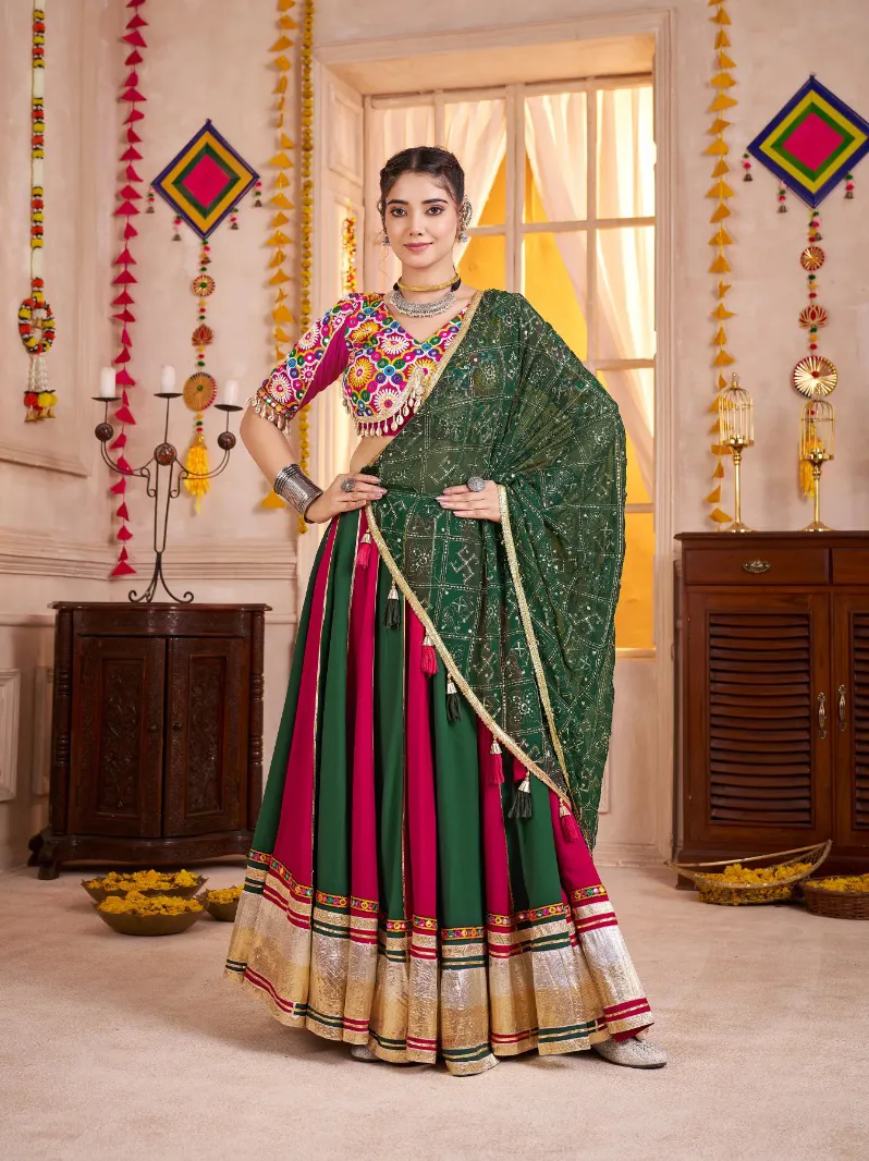 Roykals Navratri Lehenga Choli In Multi Pink & Green Designer Stitched