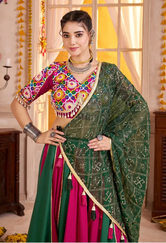 Roykals Navratri Lehenga Choli in Multi Pink & Green - Designer Stitched - Image 5