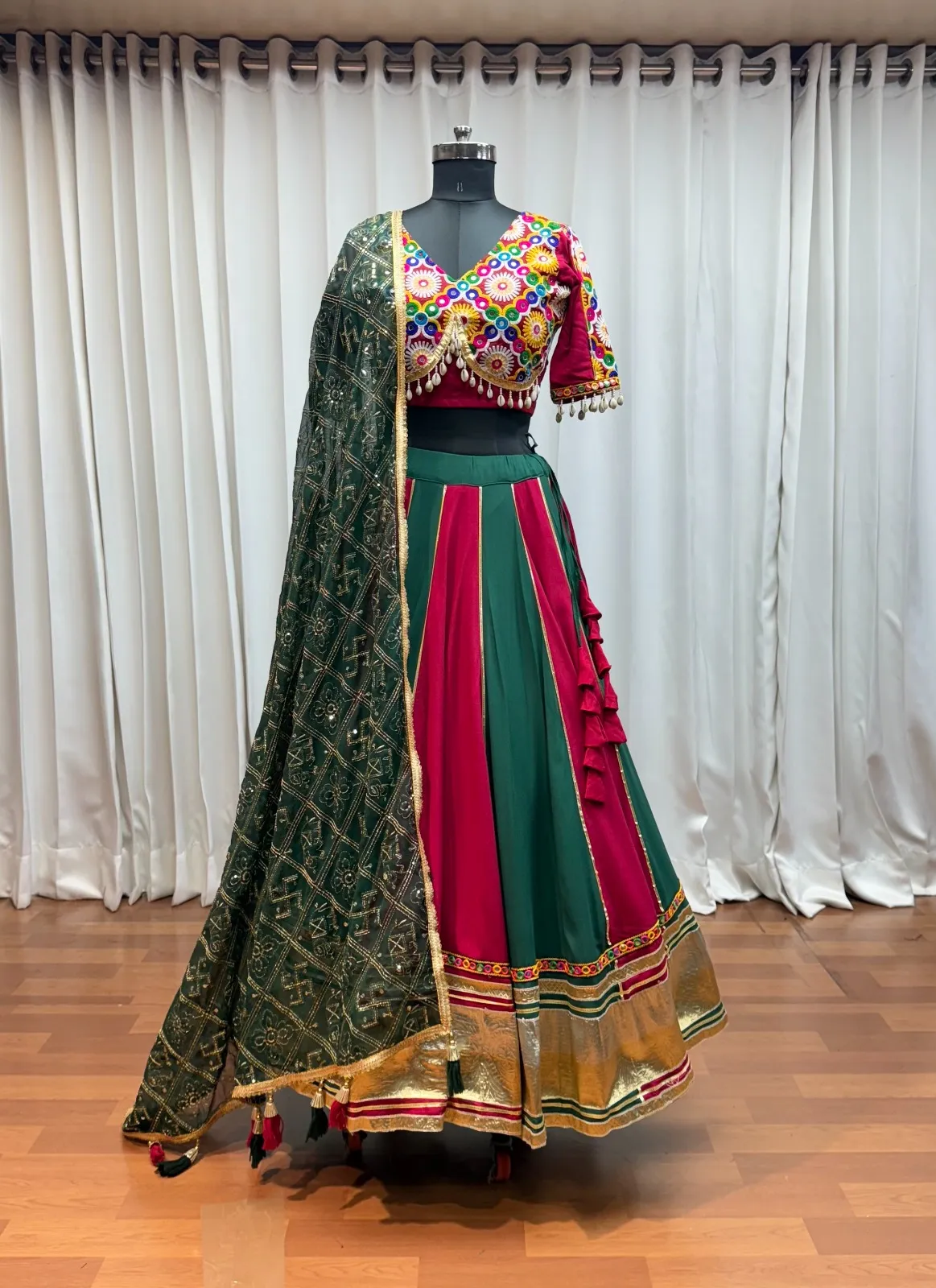 Roykals Navratri Lehenga Choli in Multi Pink & Green - Designer Stitched - Image 6